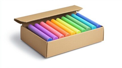 Box of colorful rainbow chalk sticks isolated on white background