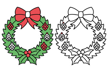 Christmas Wreath with Bow, Holly, and Pinecones Colored and Outline Illustrations