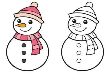 Two Snowman One Color, One Outline, Carrot Nose, Hat and Scarf, Winter