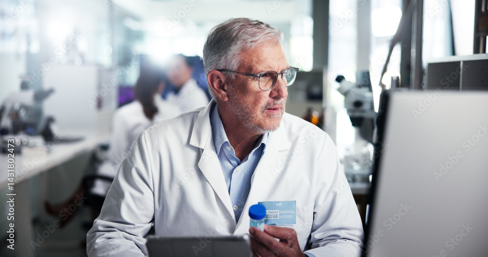 Poster man, scientist and tablet with pills at computer for pharmaceutical innovation, medication and check
