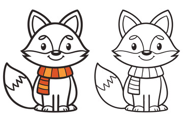 Cute Cartoon Fox Outline with Scarf, Standing Upright, Black and White Drawing