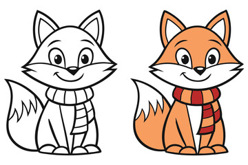 Smiling Fox with Scarf Cute Cartoon, Line Art on White Background