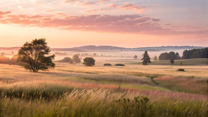 Obraz premium Open meadow sunrise soft golden lig