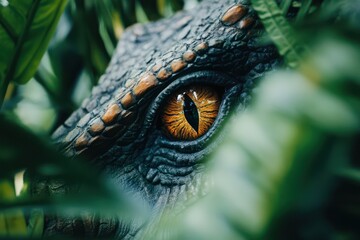 Fototapeta premium Predator dinosaur eye hiding in green jungle leaves