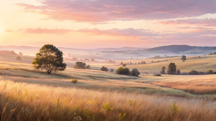 Fototapeta premium Open meadow sunrise soft golden lig
