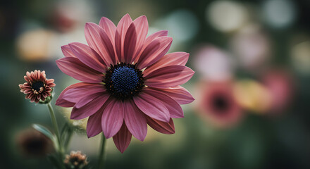 Obraz premium A single pink flower with a blue center is in full bloom, creating a striking view.