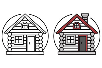 Two log cabins with roof, door, windows and chimney, on transparent background