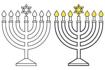 Hanukkah Menorah, Hebrew Symbol, Candles, Jewish Tradition, Vector, Colorable Lineart