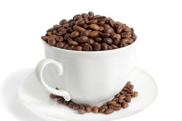 On a white background there is a white cup with black coffee in the form of a grain.

