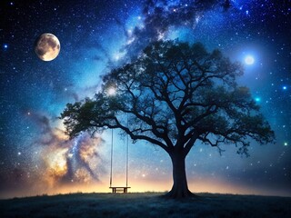 Night Serenity: Swinging Under Starlit Tree - Magical Night Photography