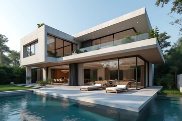 Fototapeta premium Modern Two-Story House with Pool and Outdoor Lounge Chairs on a Sunny Day, Perfect for Architectural Designs and Real Estate Displays 