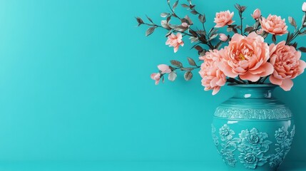 Vibrant turquoise vase filled with blooming coral flowers against a bright background
