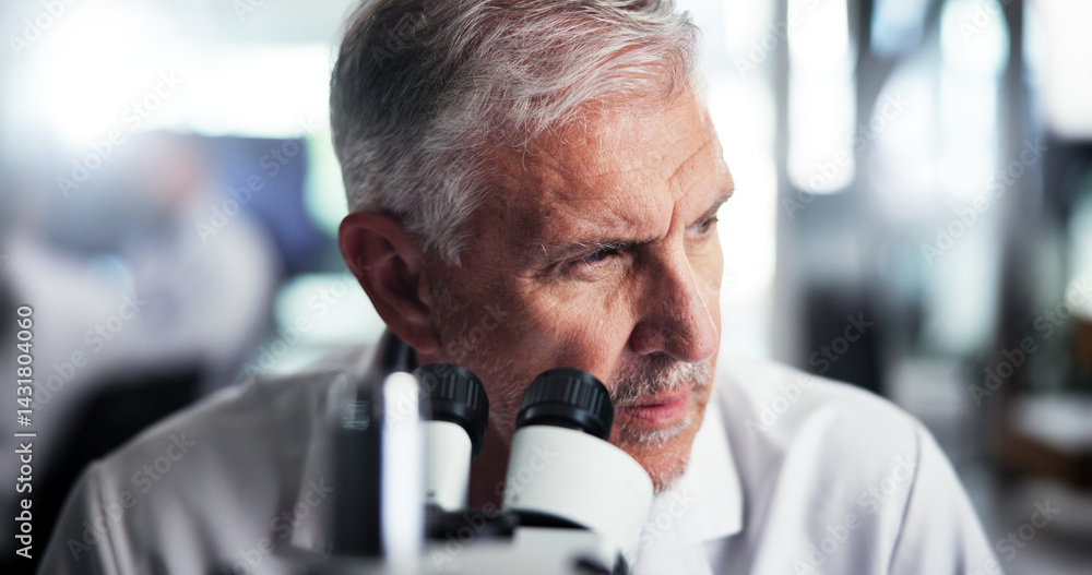 Poster Mature, man and microscope with thinking for science experiment, study or investigation for medical innovation. Research, ideas or scientist with problem solving, solution and future development