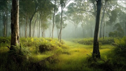 Misty forest path. Lush greenery, sunlight filters through trees