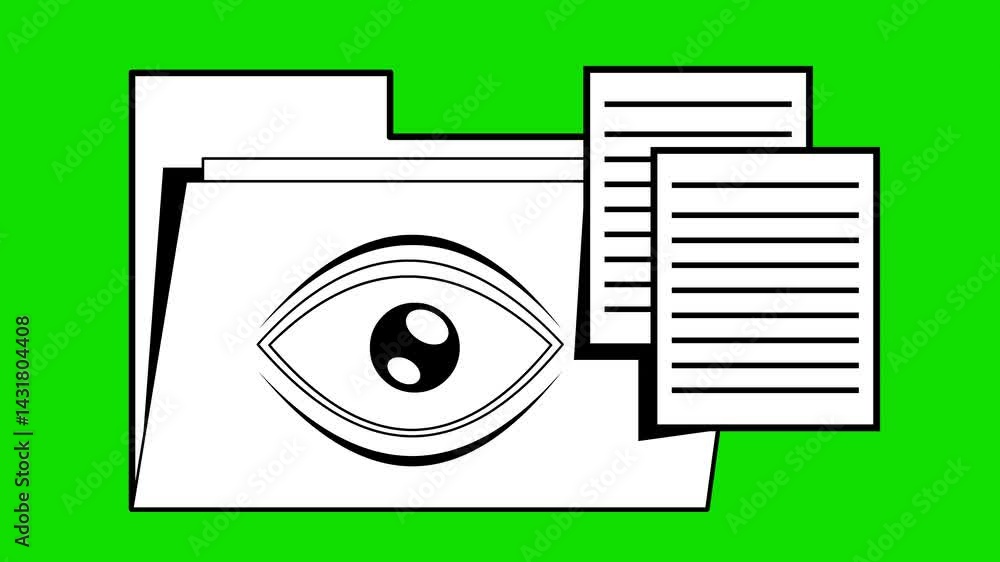 Poster video animation drawing black and white icon folder computer file and eye blinking in concept of vie