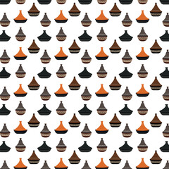 background Moroccan ceramic tagine dishes feature a conical lid and intricate designs and are used to slow cook flavorful North African dishes.