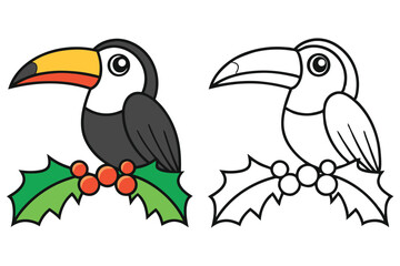 Cheerful Toucan Bird with Holly Berries Design, Full Color and Line Art