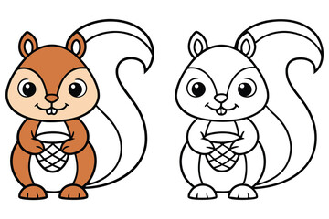 Cute Squirrel Holding Basket, Outline Version and Colored, Isolated on White