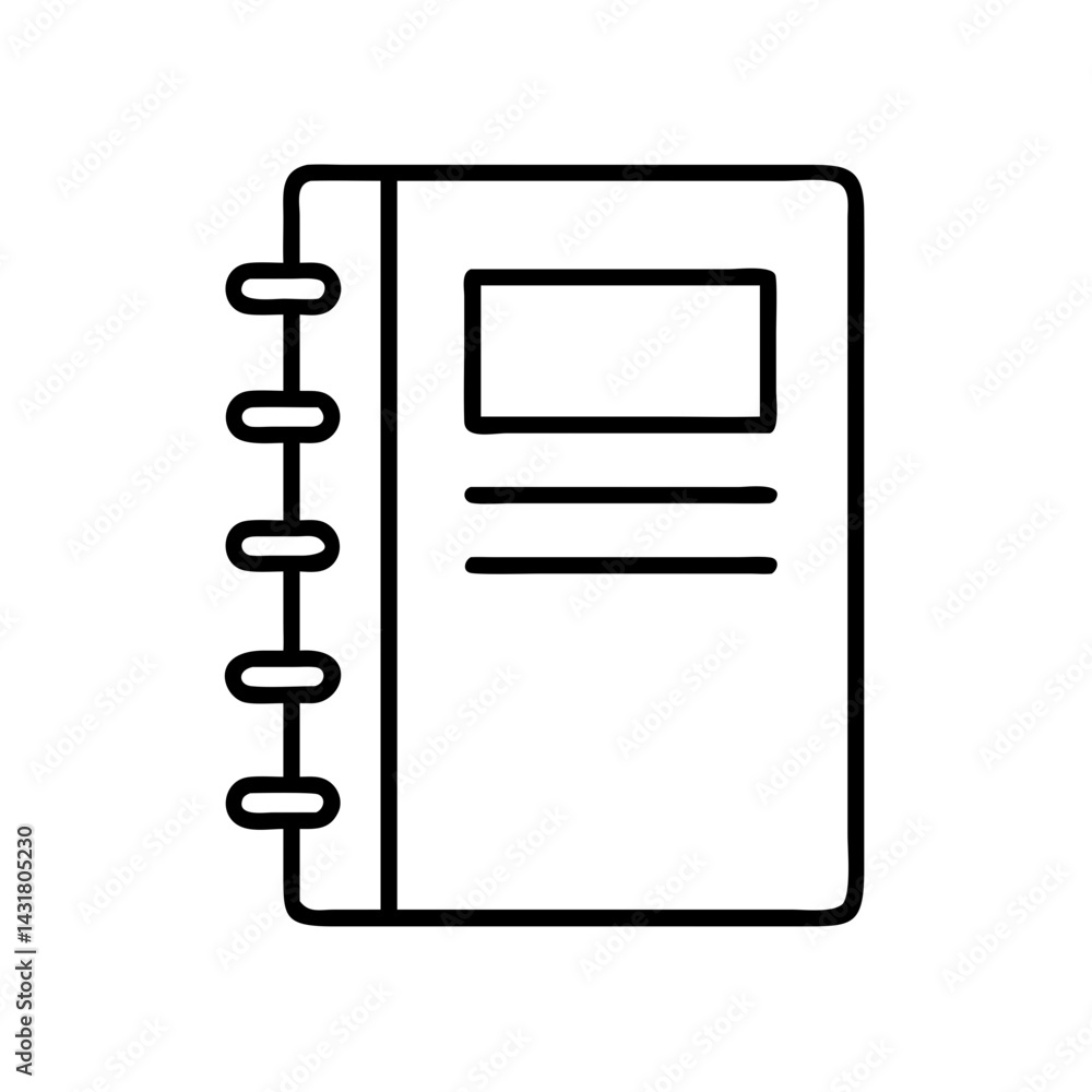 Poster black and white line art drawing of a ring bound notebook for notes and journaling design