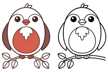 Cute Bird on Branch Vector, Cartoon Bird with Brown and White Feathers, Line Art