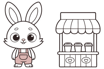 Outline Cartoon Rabbit in Overalls Stands Near Coffee Stall on Transparent Background