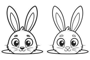 Two Adorable Cartoon Rabbit Heads with Long Ears, Outlined and Clean on White