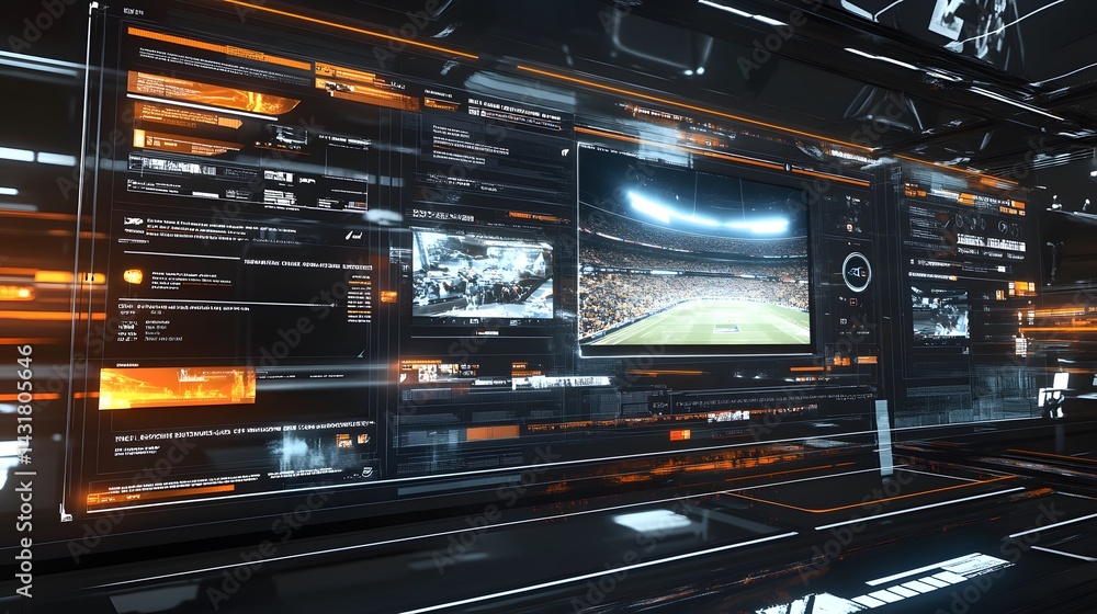 Poster futuristic control room with multiple screens displaying data, live footage of a stadium, and variou