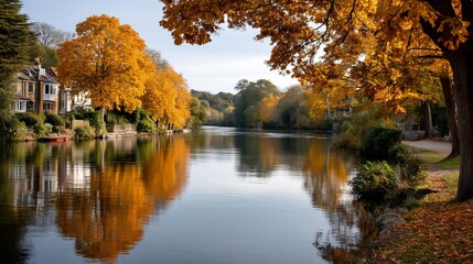 Fototapeta premium Autumnal riverside scene with reflections