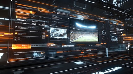 Futuristic control room with multiple screens displaying data, live footage of a stadium, and various information streams.  Orange accents highlight the technological interface.