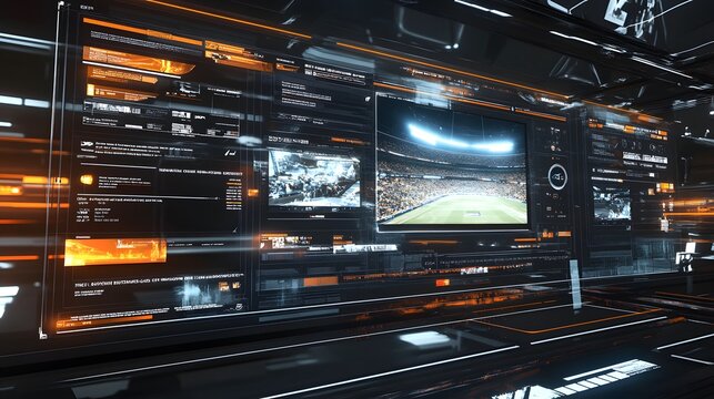 Futuristic control room with multiple screens displaying data, live footage of a stadium, and various information streams. Orange accents highlight the technological interface. - Powered by Adobe