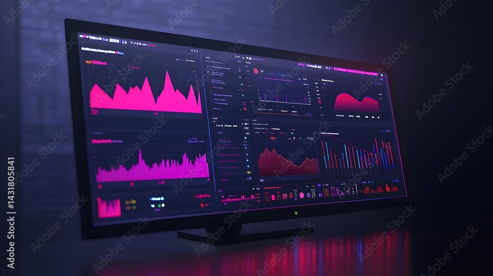 Poster a widescreen monitor displays multiple vibrant pink and red graphs and charts, showcasing data analy