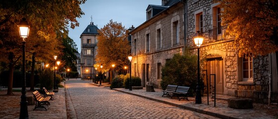 Fototapeta premium Autumnal Town Street at Dusk