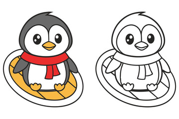 Obraz premium Cute Cartoon Penguin With Red Scarf on Inner Tube Outlined and Colored