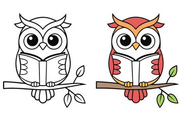 Cartoon Owls Reading Book on Branch, Colored and Black Outline, Isolated on White