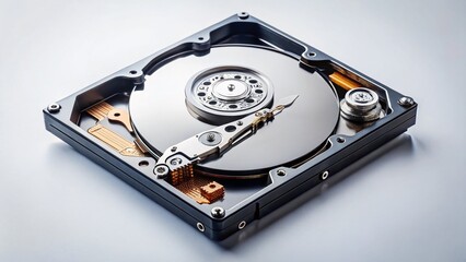 Open Hard Drive Internal Components, Top View, White Background - High Resolution Stock Photo