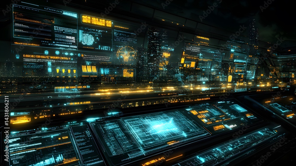 Poster futuristic control room with glowing screens displaying city data and digital interfaces. night view