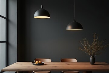 Modern Dining Room Interior with Wooden Table, Stylish Black Lamps and Dark Gray Wall                                                                 