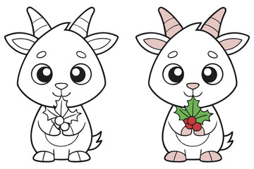 Goat with Holly Berry Coloring Page, Outline Illustration, Cute Animal