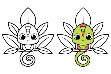 Smiling Chameleon on Branch Cartoon, Coloring Page, Green and Red, Outline, Line Art