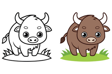 Cartoon Yak on Grass with Outline Version Isolated on White Background