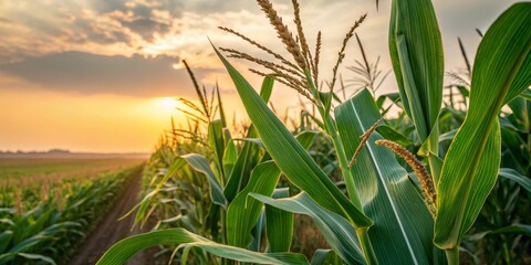 Fototapeta premium Golden Hour Cornfield Close-up Composition of Maize Plants at Sunset, Agriculture, Farming, Nature, Corn, Sunset Agriculture, Farming