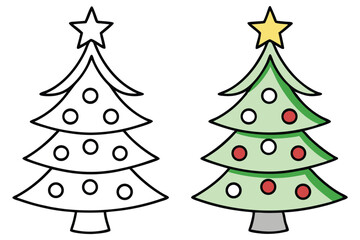 Decorated Christmas Tree Outline and Colored Version with Ornaments and a Star