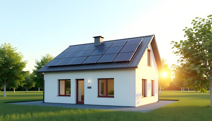 Obraz premium house with solar panels in the morning. sustainability, eco-friendly, technology