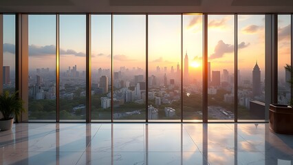 Floor-to-Ceiling Windows Framing Breathtaking City Skyline During Brilliant Orange and Pink Sunset
