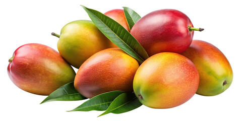 Pile of fresh ripe mangoes with vibrant colors and leaves on white