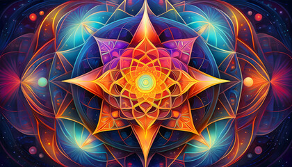 Vibrant Cosmic Mandala Abstract Sacred Geometry Art Intricate Design Colorful Starburst