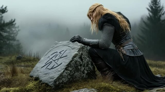 Viking presence: slavic warrior, female strength, ancient armor, battle readiness, cultural power, mythic legend, fierce determination, historical journey, tribal symbol, northern legacy