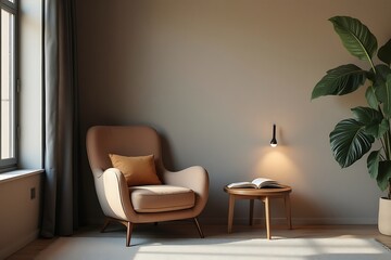 Cozy Armchair Nook: Warm Light, Open Book & Indoor Plant, Inviting Reading Corner with Wooden Side Table and Decorative Pillow in Serene Interior.    