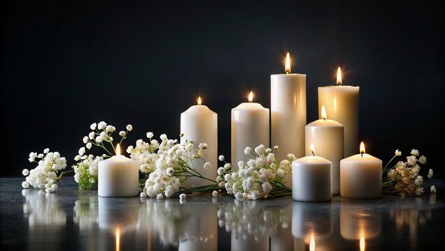 Panoramic Black Background with White Candles & Flowers - Funeral Memorial Service Stock Photo
