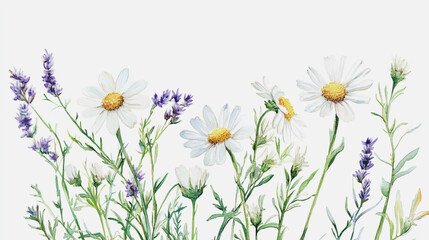 Fototapeta premium Elegant wedding invitation card background . Minimal hand painted watercolor Chamomile flowers texture template background. Design for wedding, vip cover, poster, rsvp moderncard.Valentine's Day